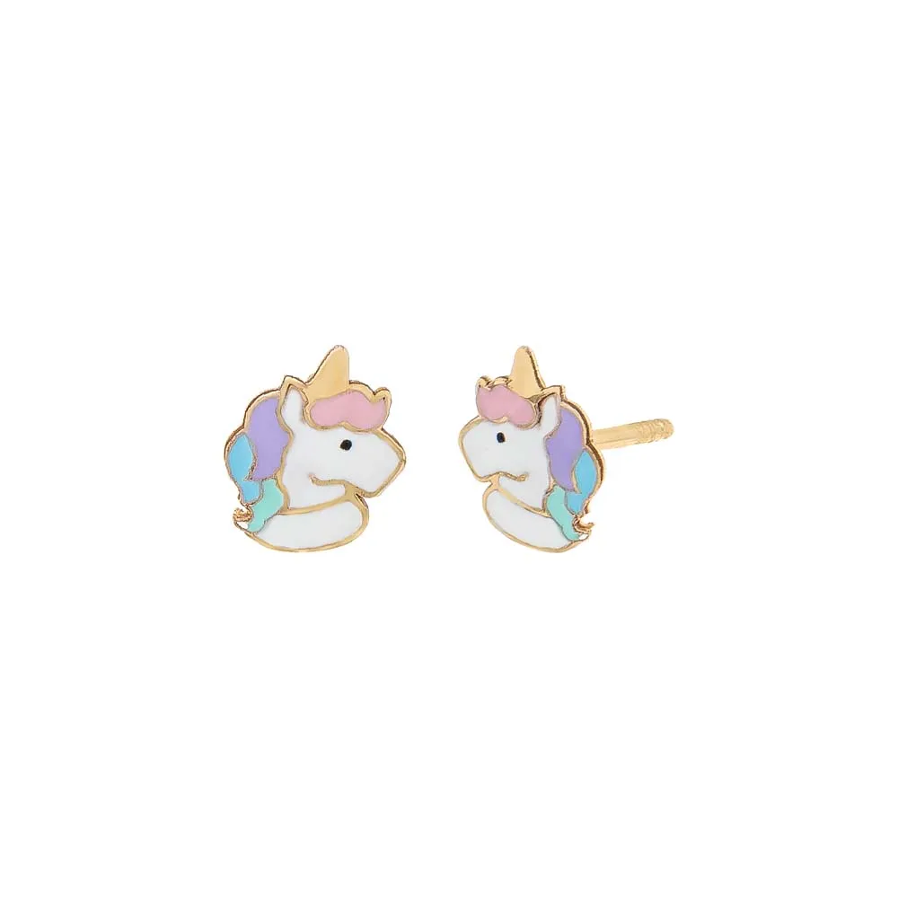 Kids Pastel Colored Emerald Unicorn Stud Earring 14K