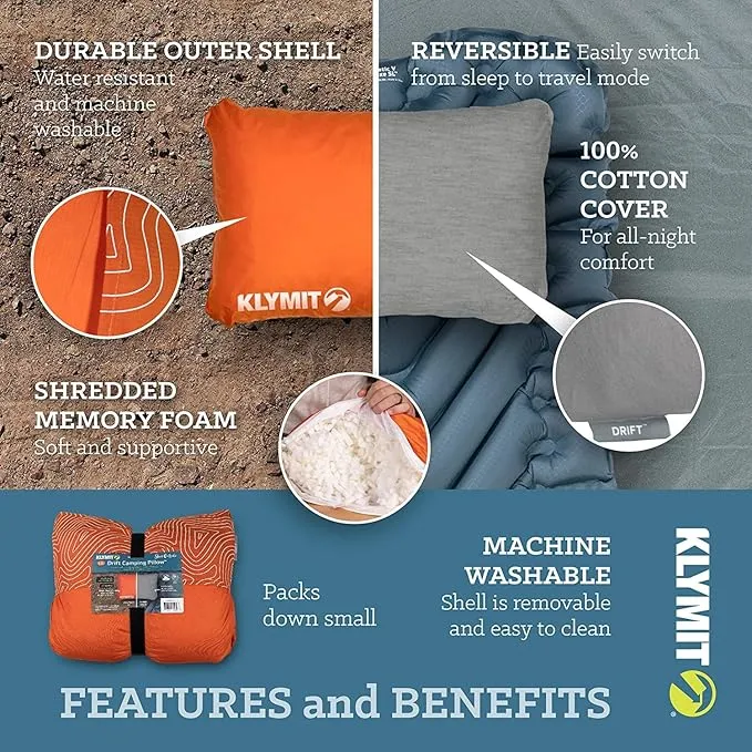 Klymit Drift Camping Pillow, Shredded Memory Foam Travel Pillow with Reversible Cover for Outdoor Use, Orange, Large