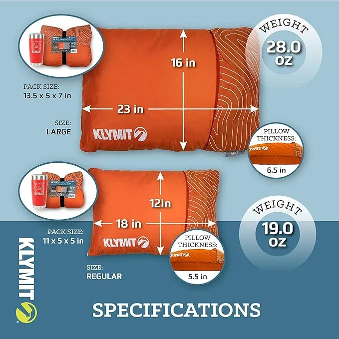 Klymit Drift Camping Pillow, Shredded Memory Foam Travel Pillow with Reversible Cover for Outdoor Use, Orange, Large