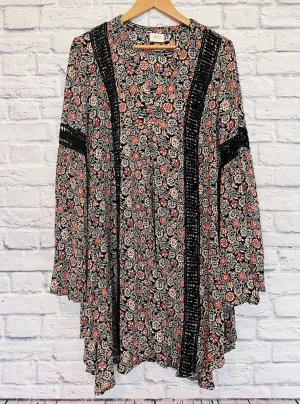 KNOX ROSE Womens Dress Size Sz L Black Rust Floral Bell Sleeve Flare Boho Hippie
