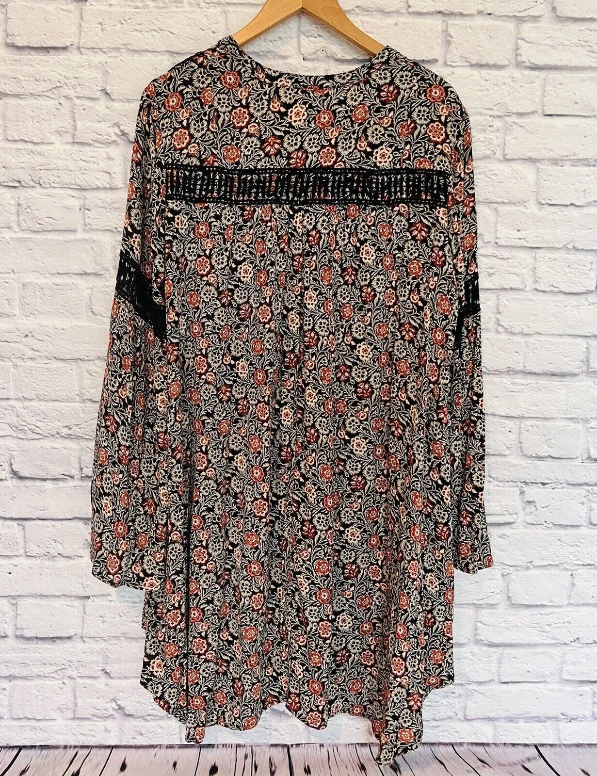 KNOX ROSE Womens Dress Size Sz L Black Rust Floral Bell Sleeve Flare Boho Hippie