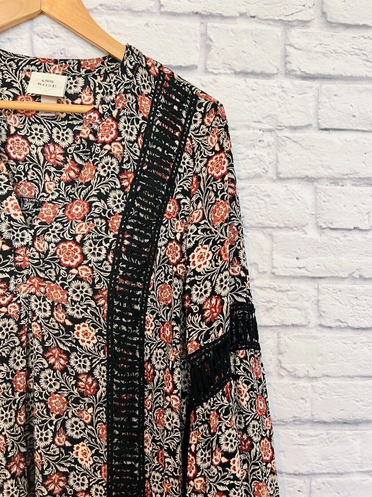 KNOX ROSE Womens Dress Size Sz L Black Rust Floral Bell Sleeve Flare Boho Hippie