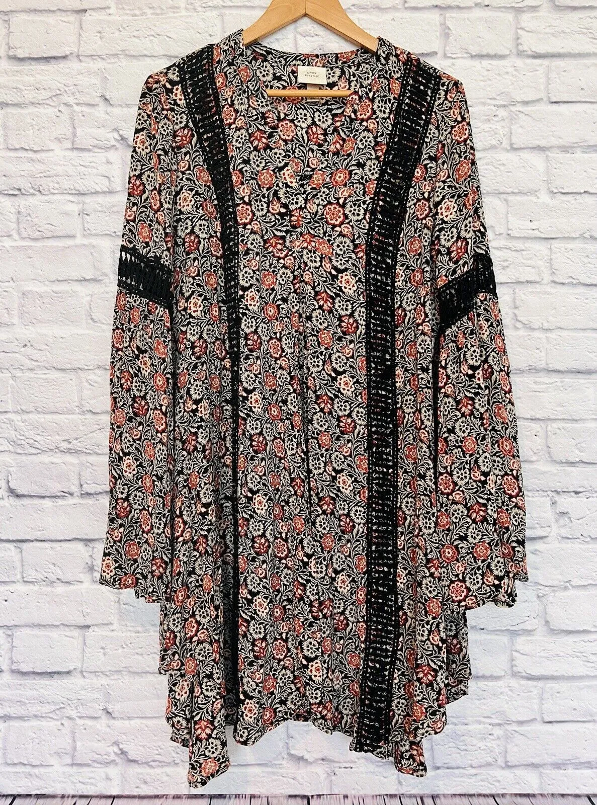 KNOX ROSE Womens Dress Size Sz L Black Rust Floral Bell Sleeve Flare Boho Hippie
