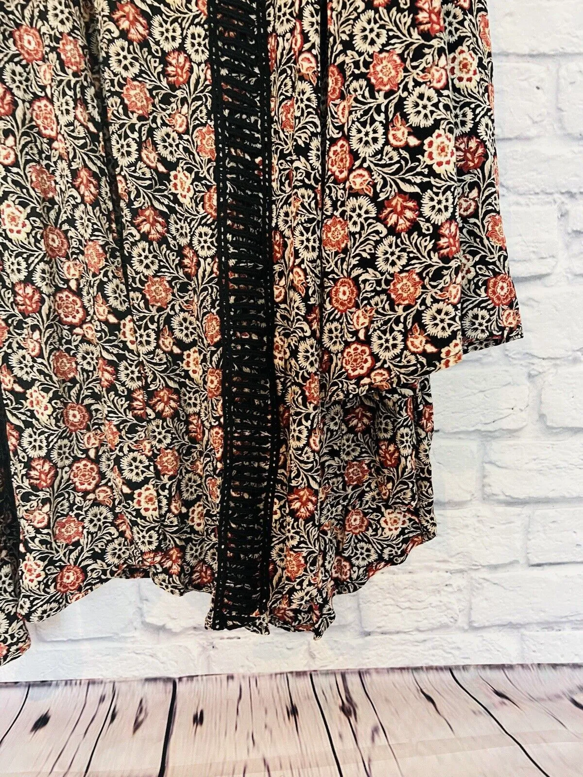 KNOX ROSE Womens Dress Size Sz L Black Rust Floral Bell Sleeve Flare Boho Hippie