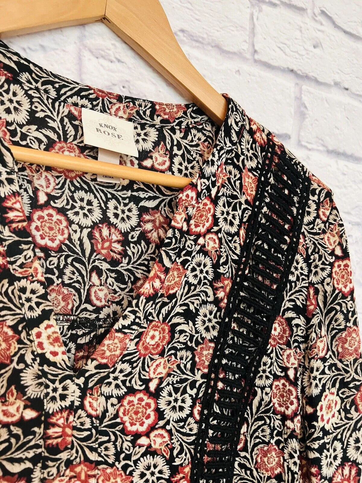 KNOX ROSE Womens Dress Size Sz L Black Rust Floral Bell Sleeve Flare Boho Hippie