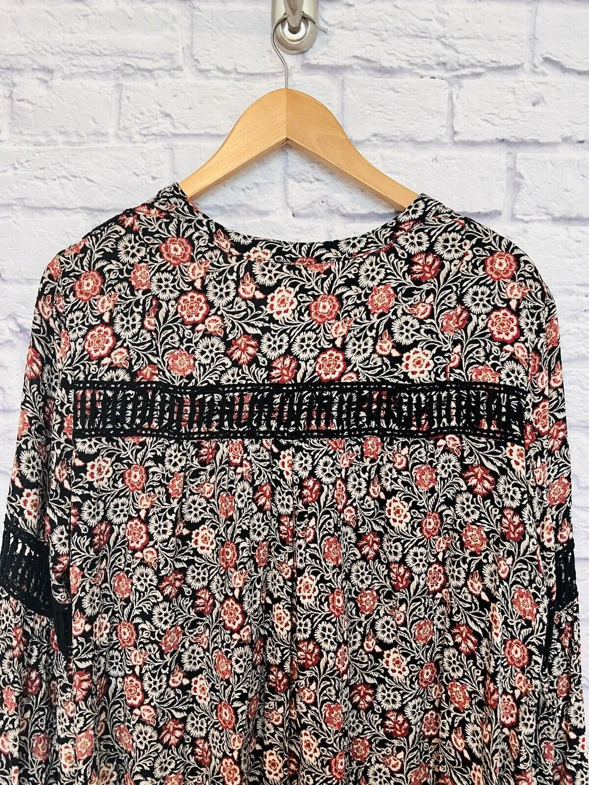 KNOX ROSE Womens Dress Size Sz L Black Rust Floral Bell Sleeve Flare Boho Hippie