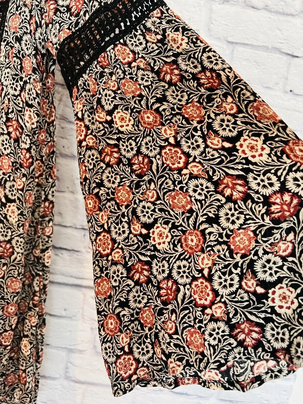 KNOX ROSE Womens Dress Size Sz L Black Rust Floral Bell Sleeve Flare Boho Hippie
