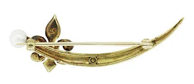 Krementz Antique Victorian Fleur De Lis Seed Pearl Crescent Brooch in 14 Karat Yellow Gold