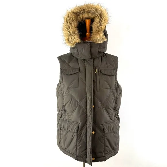 Lands' End Chocolate Brown Quilted Goose Down Fill Vest with Faux Fur Hood