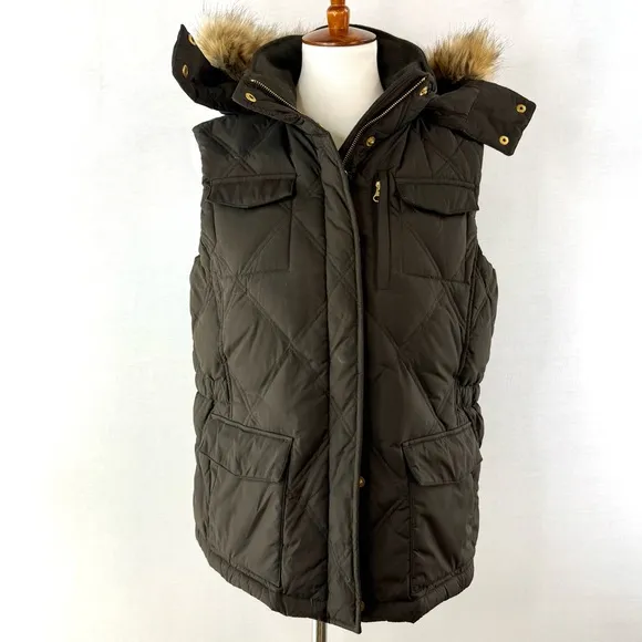 Lands' End Chocolate Brown Quilted Goose Down Fill Vest with Faux Fur Hood