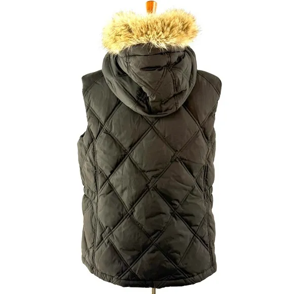 Lands' End Chocolate Brown Quilted Goose Down Fill Vest with Faux Fur Hood