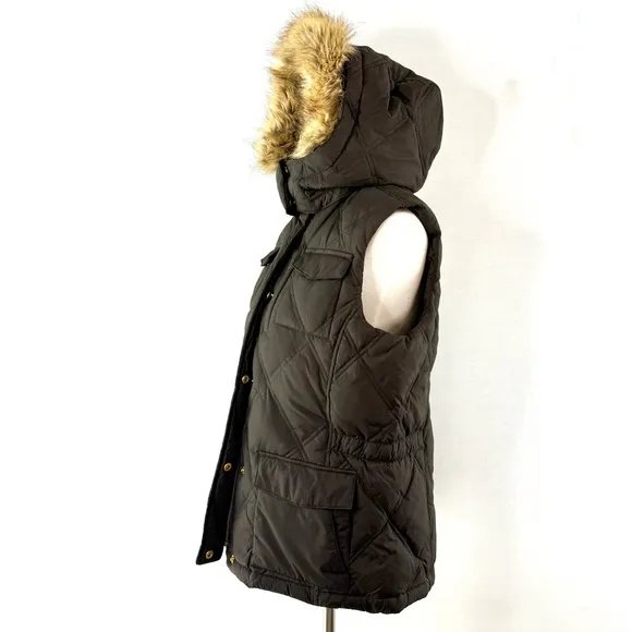 Lands' End Chocolate Brown Quilted Goose Down Fill Vest with Faux Fur Hood