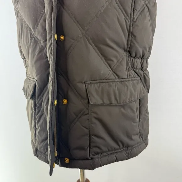 Lands' End Chocolate Brown Quilted Goose Down Fill Vest with Faux Fur Hood