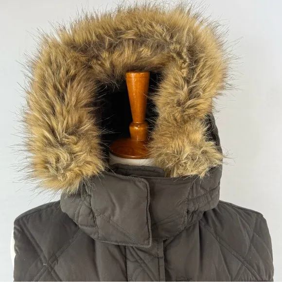 Lands' End Chocolate Brown Quilted Goose Down Fill Vest with Faux Fur Hood