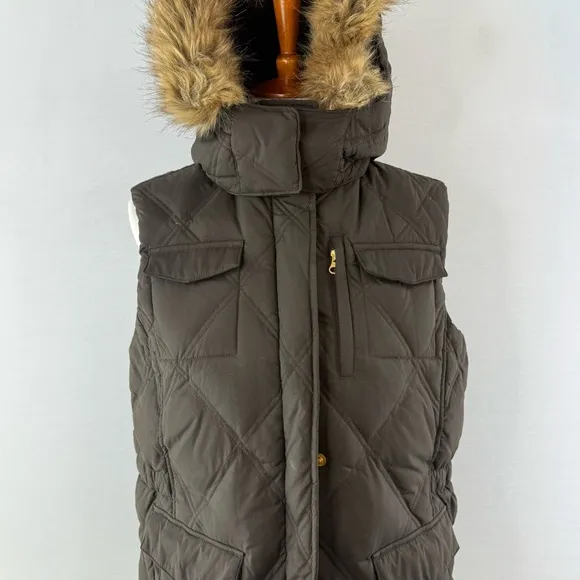 Lands' End Chocolate Brown Quilted Goose Down Fill Vest with Faux Fur Hood
