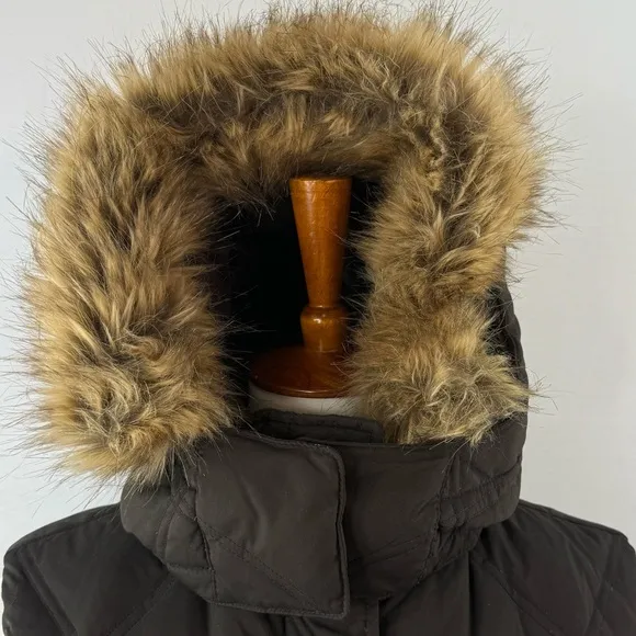 Lands' End Chocolate Brown Quilted Goose Down Fill Vest with Faux Fur Hood