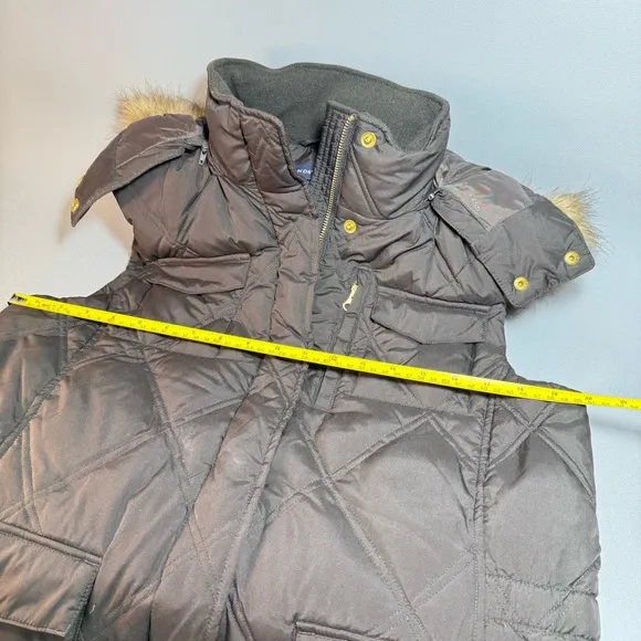 Lands' End Chocolate Brown Quilted Goose Down Fill Vest with Faux Fur Hood