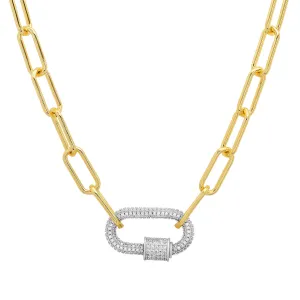 LARGE WHITE CZ CARABINER PAPERCLIP CHAIN, GOLD