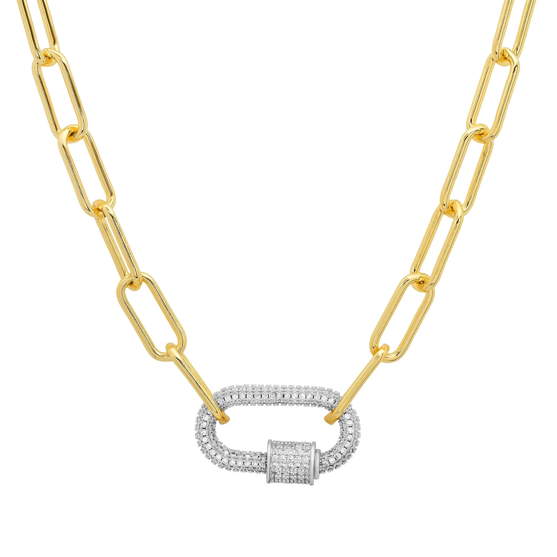 LARGE WHITE CZ CARABINER PAPERCLIP CHAIN, GOLD