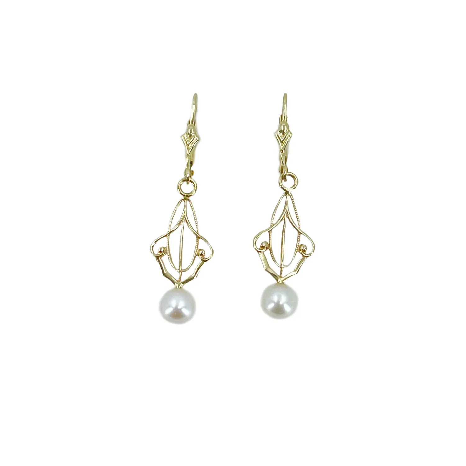 Lavaliere Victorian Milgrain Akoya Saltwater Cultured Pearl Pierced Lever Back Earrings- 14K Yellow Gold