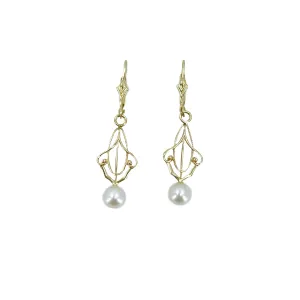 Lavaliere Victorian Milgrain Akoya Saltwater Cultured Pearl Pierced Lever Back Earrings- 14K Yellow Gold
