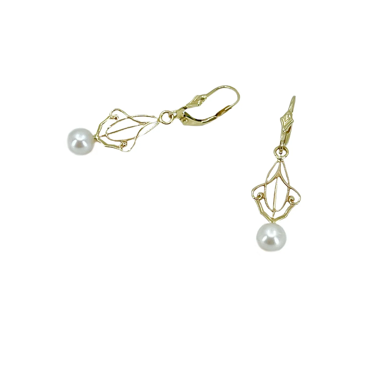 Lavaliere Victorian Milgrain Akoya Saltwater Cultured Pearl Pierced Lever Back Earrings- 14K Yellow Gold