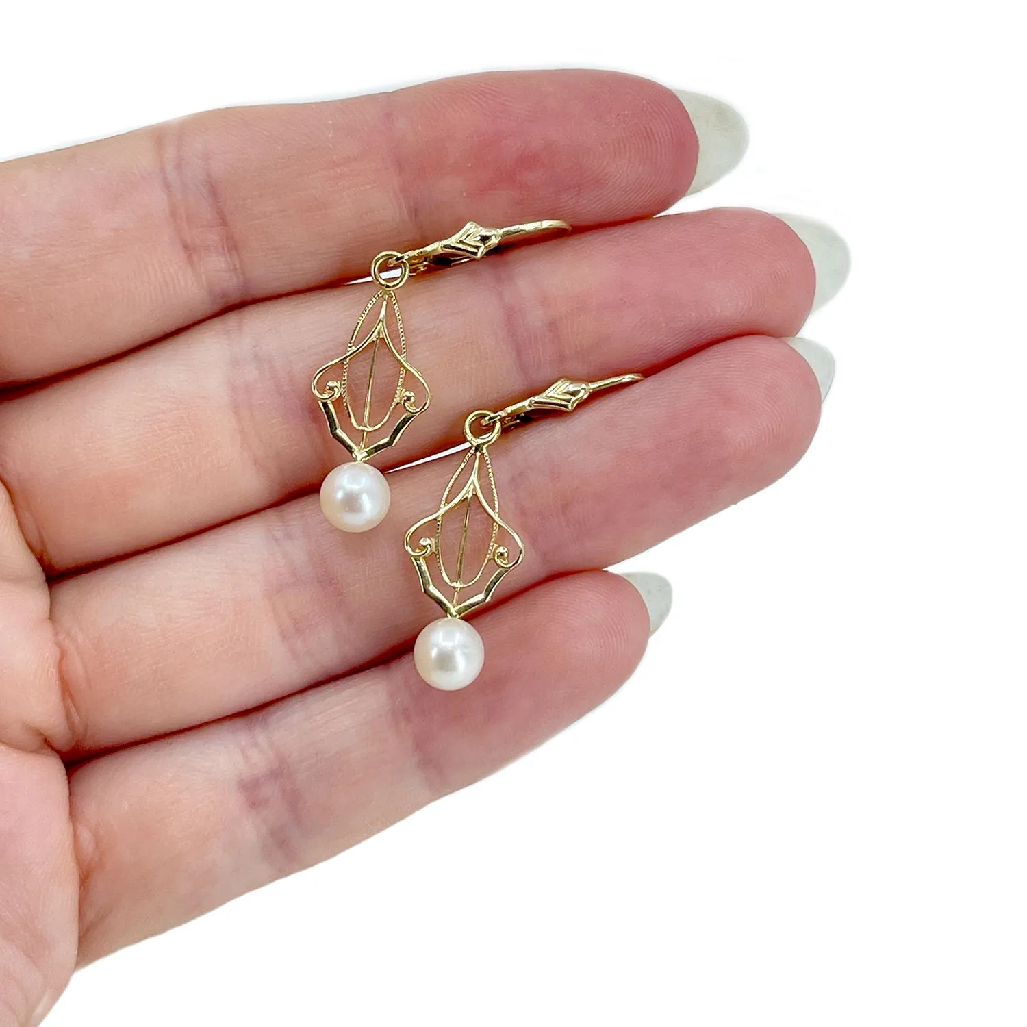 Lavaliere Victorian Milgrain Akoya Saltwater Cultured Pearl Pierced Lever Back Earrings- 14K Yellow Gold