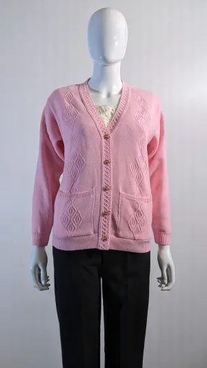 Light Pink V-Neck Diamond Design Cardigan with Pockets