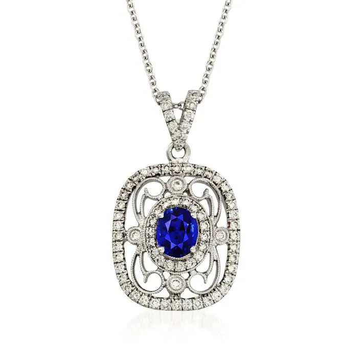 Like Edwardian Jewelry Oval Ceylon Sapphire & Natural Earth Mined Diamond Vintage Style Pendant
