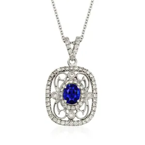Like Edwardian Jewelry Oval Ceylon Sapphire & Natural Earth Mined Diamond Vintage Style Pendant