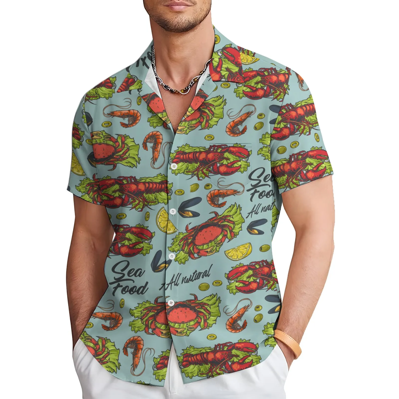 Lobster Delicious Food Print Casual Short Sleeve Shirt 2404001794