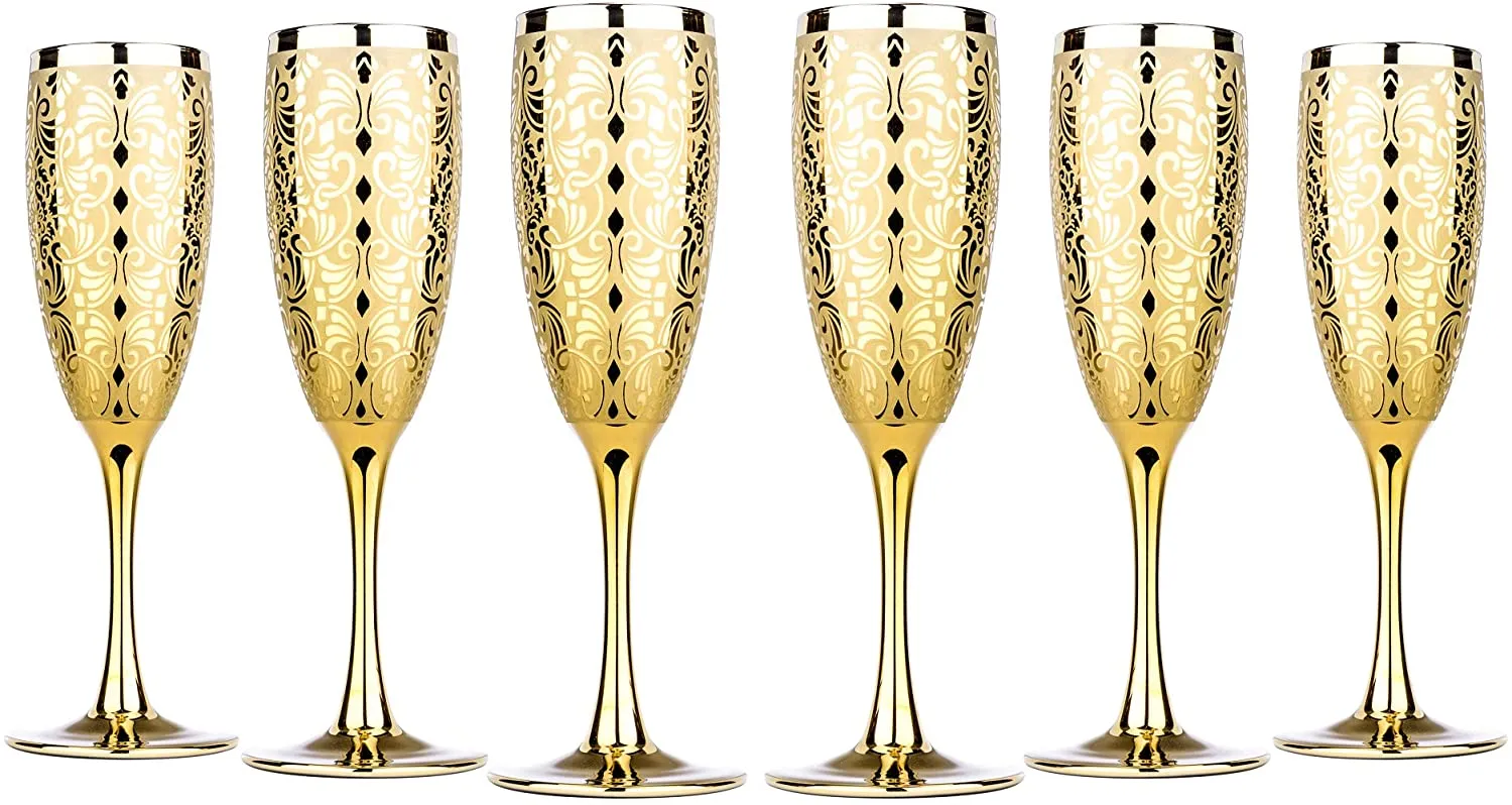 Luxury Champagne Glasses Crystal Flutes Gold Plated 'Liberty' Set of 6