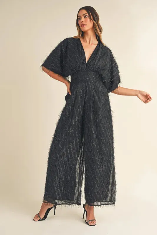 MABLE Fluffy Deep V Neck Wide Leg Jumpsuit