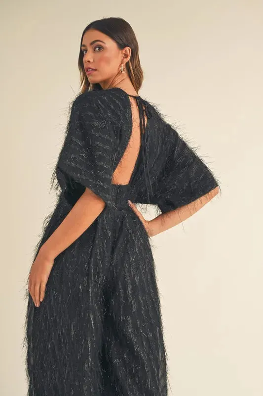 MABLE Fluffy Deep V Neck Wide Leg Jumpsuit