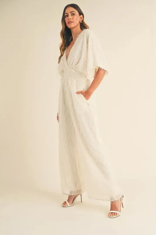 MABLE Fluffy Deep V Neck Wide Leg Jumpsuit