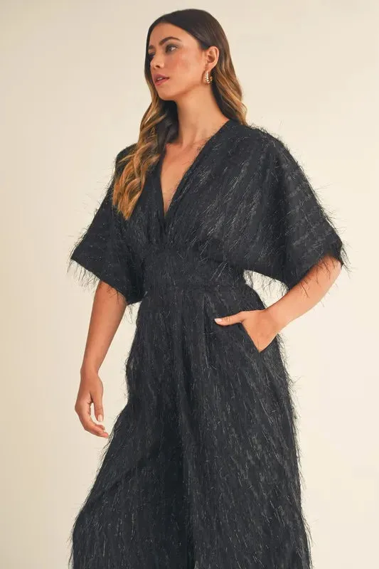 MABLE Fluffy Deep V Neck Wide Leg Jumpsuit