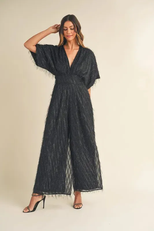 MABLE Fluffy Deep V Neck Wide Leg Jumpsuit