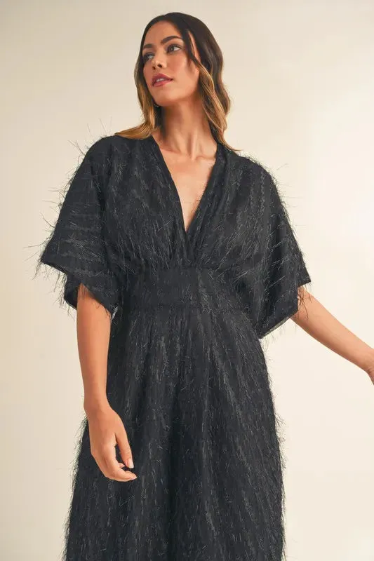 MABLE Fluffy Deep V Neck Wide Leg Jumpsuit
