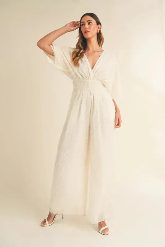MABLE Fluffy Deep V Neck Wide Leg Jumpsuit