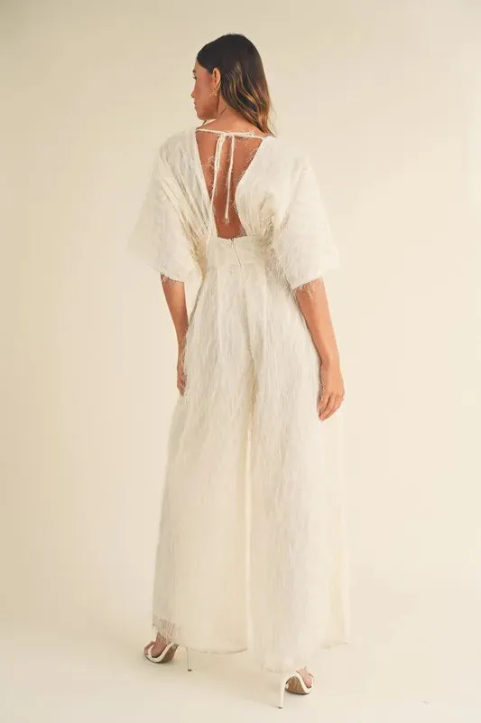 MABLE Fluffy Deep V Neck Wide Leg Jumpsuit