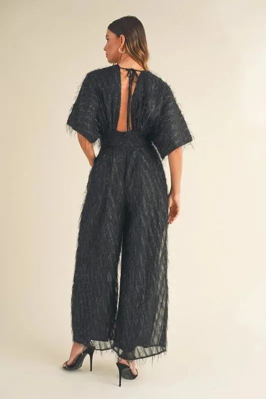 MABLE Fluffy Deep V Neck Wide Leg Jumpsuit