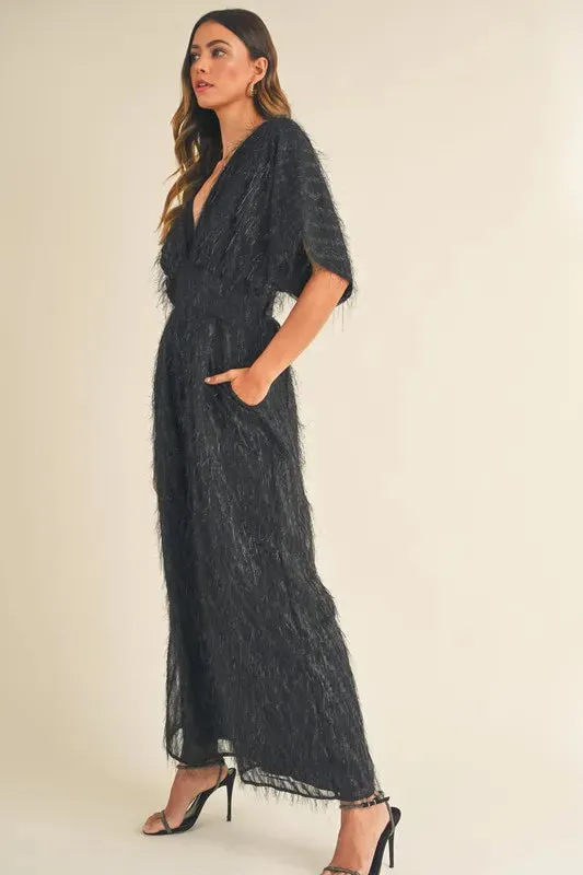 MABLE Fluffy Deep V Neck Wide Leg Jumpsuit