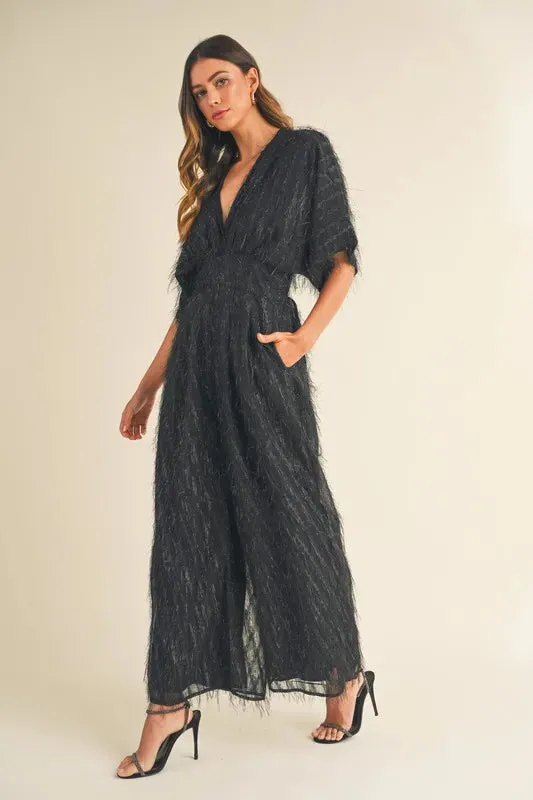 MABLE Fluffy Deep V Neck Wide Leg Jumpsuit