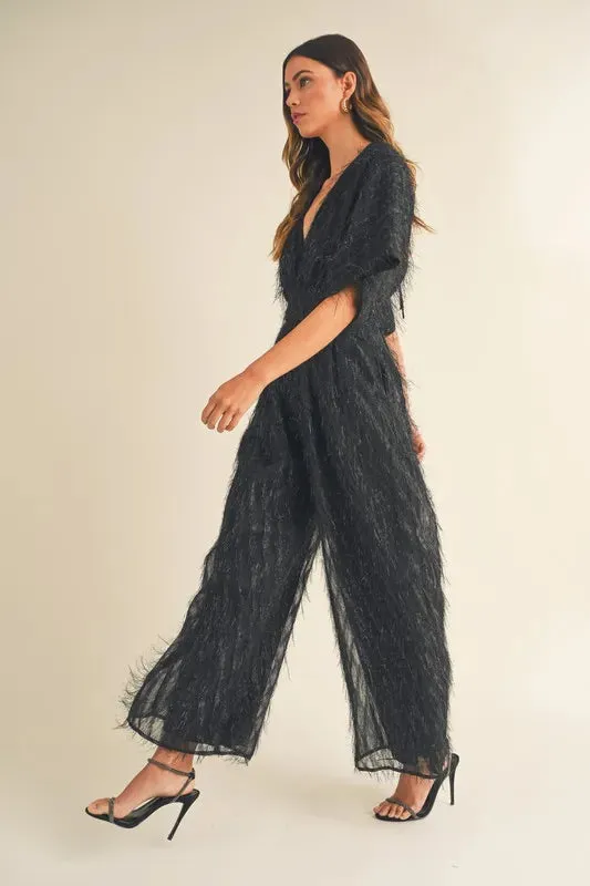 MABLE Fluffy Deep V Neck Wide Leg Jumpsuit