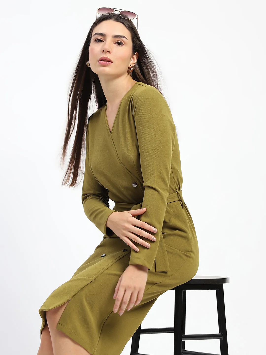 Madame Belted Buttoned Green Dress