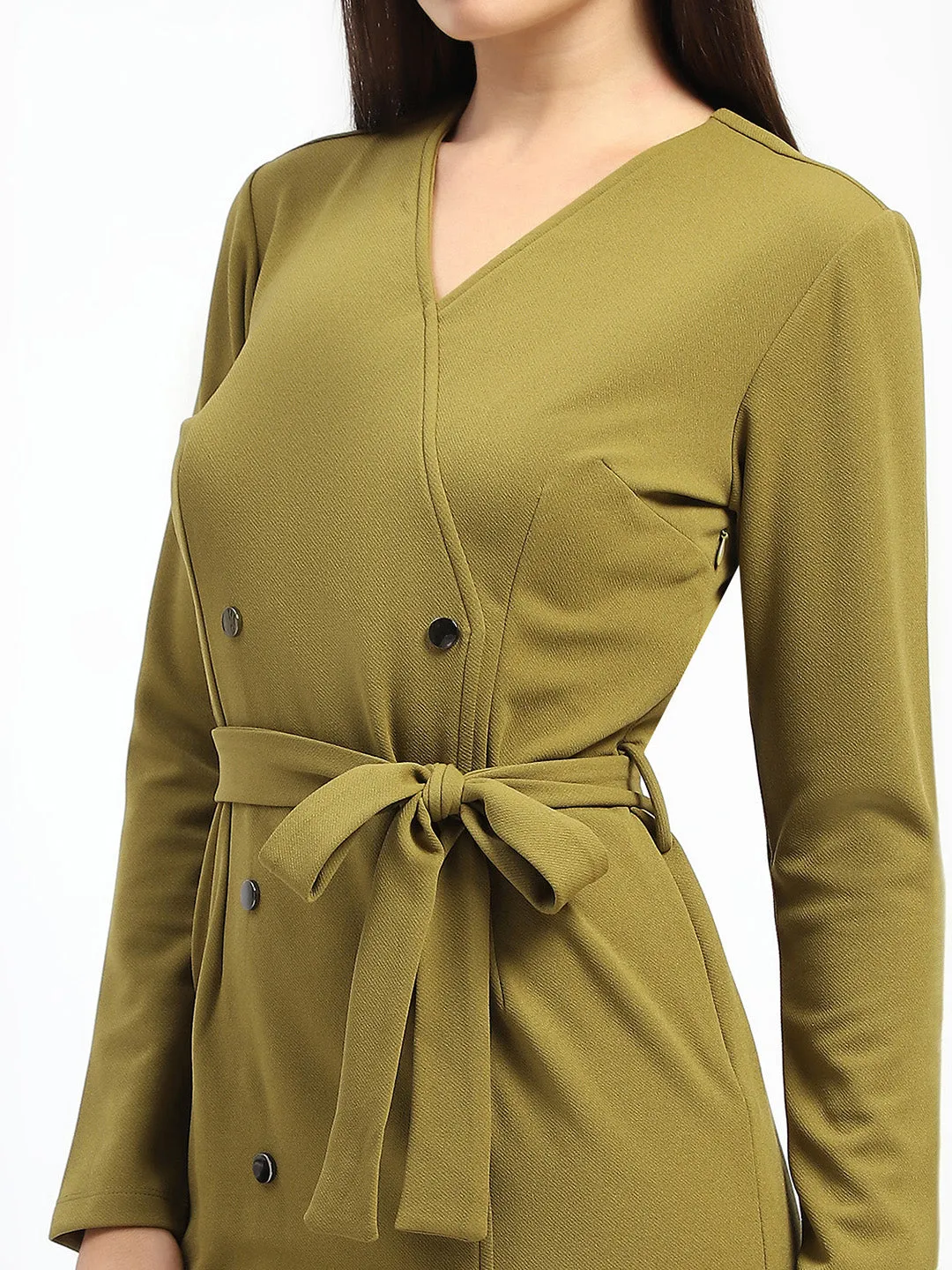 Madame Belted Buttoned Green Dress