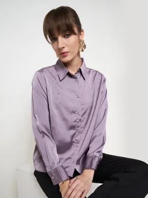 Madame Embellished Shirt Collar Solid Purple Shirt