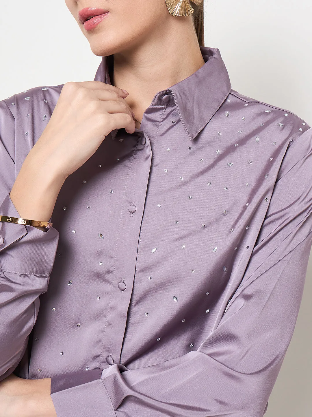 Madame Embellished Shirt Collar Solid Purple Shirt