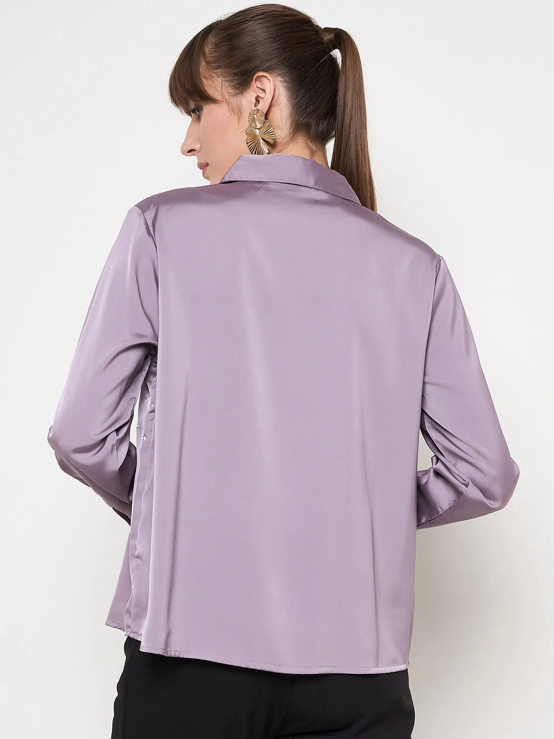 Madame Embellished Shirt Collar Solid Purple Shirt