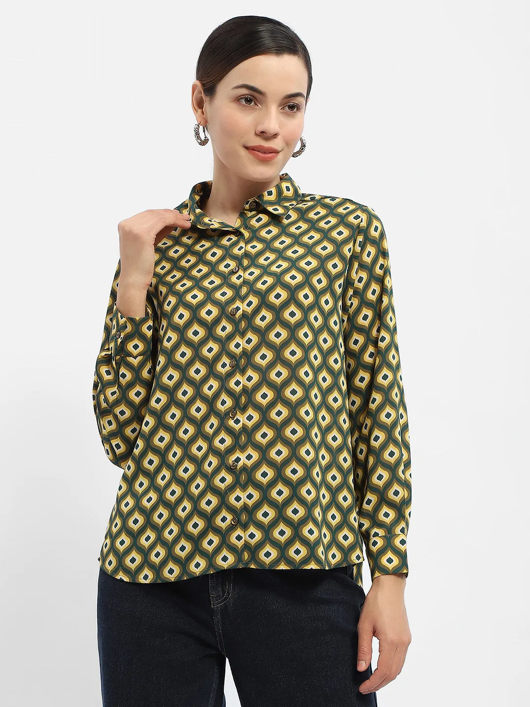 Madame Geometric Print Mustard Yellow  Regular Shirt
